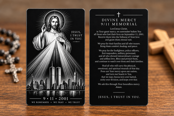 divine mercy September 11 metal prayer card — front and prayer back of one card; product mockup
