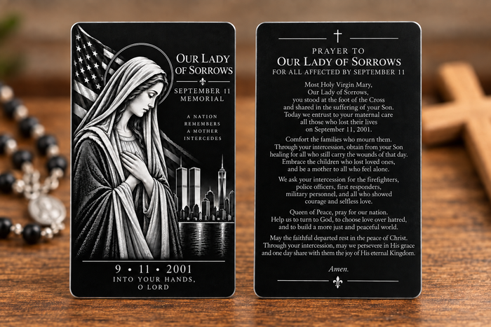 Our Lady of Sorrows September 11 metal prayer card — front and revised prayer back, with healing through her Son and prayer for perseverance in grace; product mockup