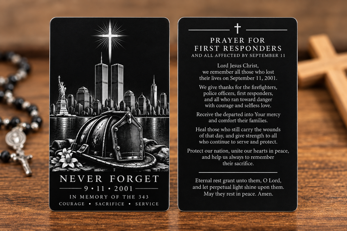 first responders September 11 metal prayer card — front and prayer back of one card; product mockup