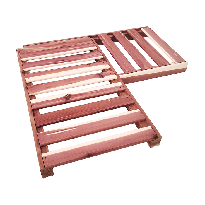 A cedar wooden corner shelf unit with shelf pegs, designed for closet organization.