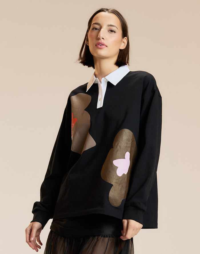 Black Multi Printed Cotton Rugby Shirt