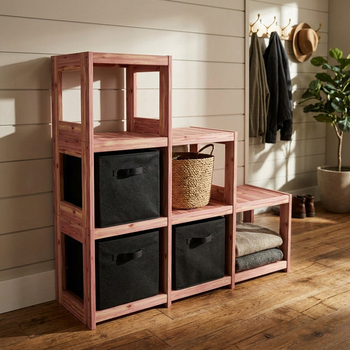 Wooden cube storage unit with shelves and bins in a room with wooden floor and white walls.