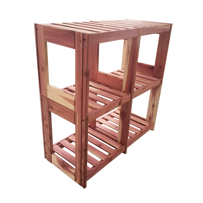 A cedar cube with vented shelves