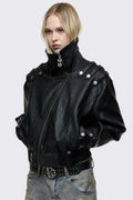 Black faux leather bomber jacket with military shoulder details, wide lapel collar, asymmetric zip and oversized fit.