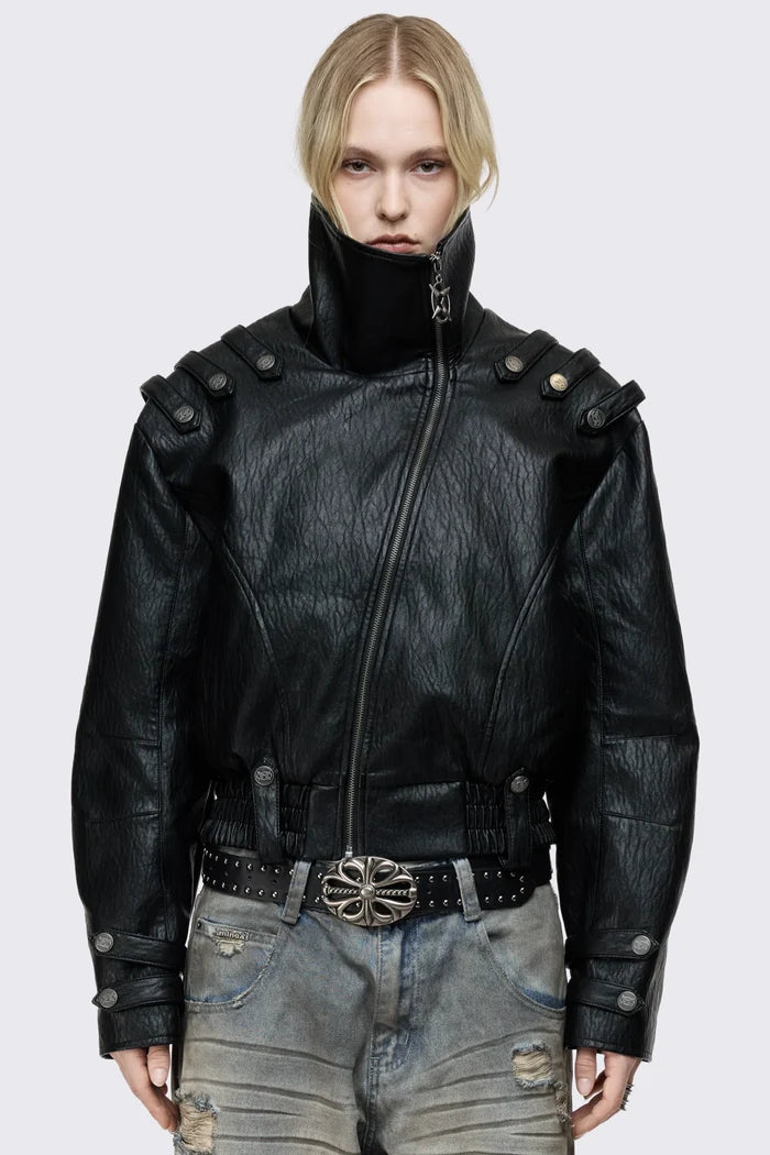 Black faux leather bomber jacket with military shoulder details, wide lapel collar, asymmetric zip and oversized fit.