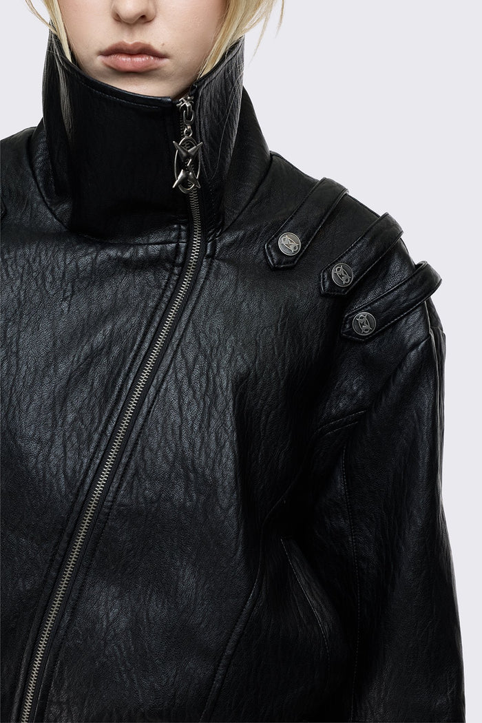 Black faux leather bomber jacket with military shoulder details, wide lapel collar, asymmetric zip and oversized fit.