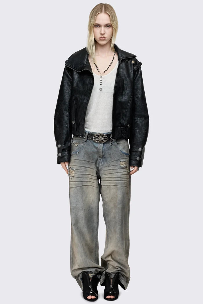 Black faux leather bomber jacket with military shoulder details, wide lapel collar, asymmetric zip and oversized fit.