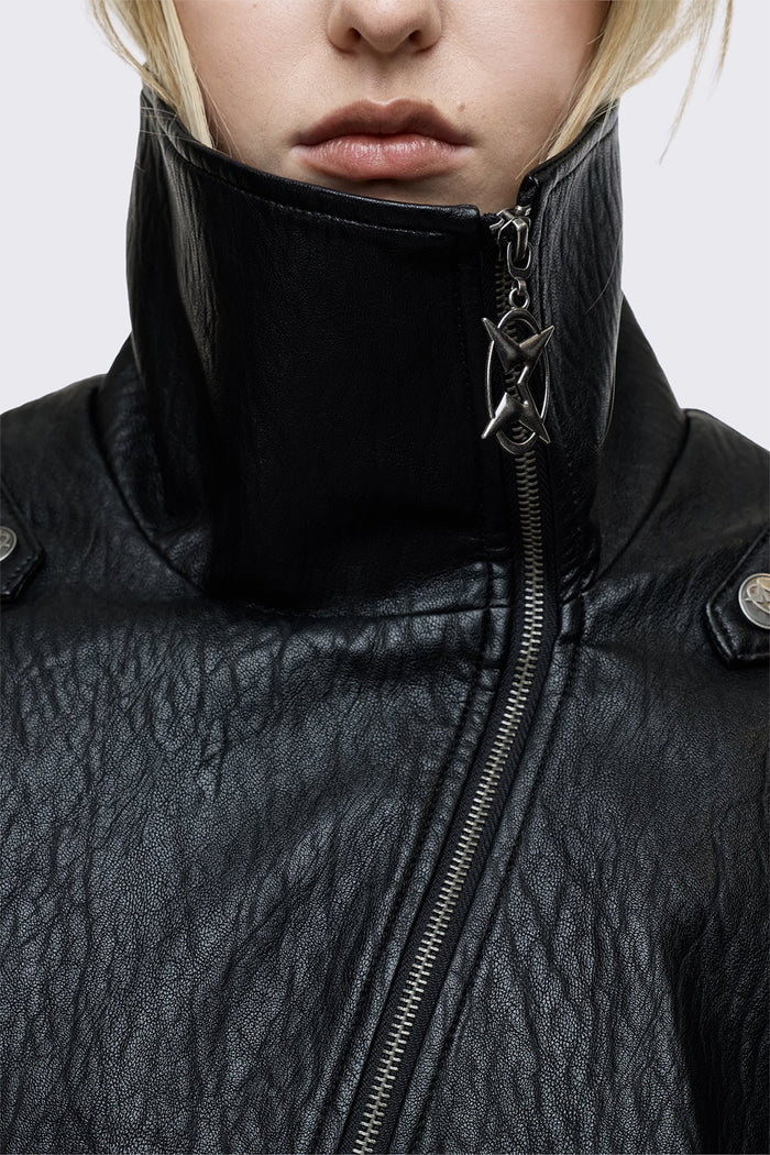 Black faux leather bomber jacket with military shoulder details, wide lapel collar, asymmetric zip and oversized fit.