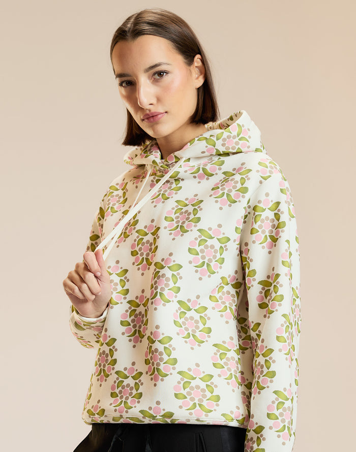 White Floral Printed Hoodie