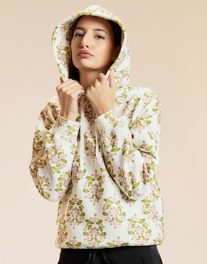 White Floral Printed Hoodie