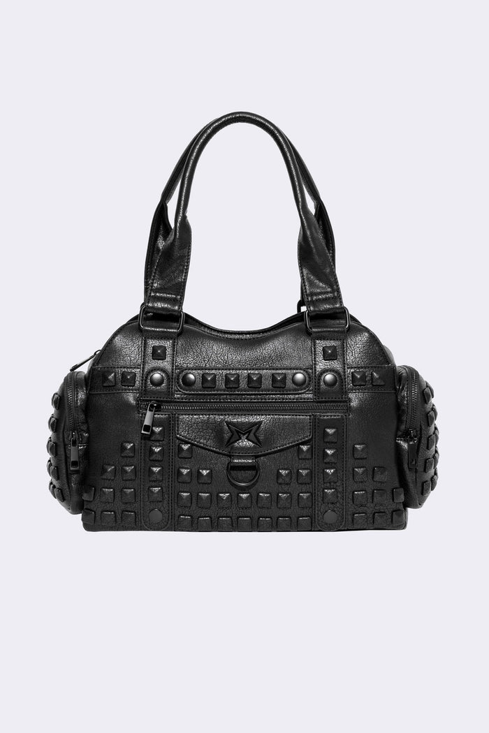 Black faux leather shoulder bag with pyramid studs, front zip pocket, side pockets and two top handles.