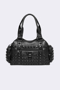 Black faux leather shoulder bag with pyramid studs, front zip pocket, side pockets and two top handles.