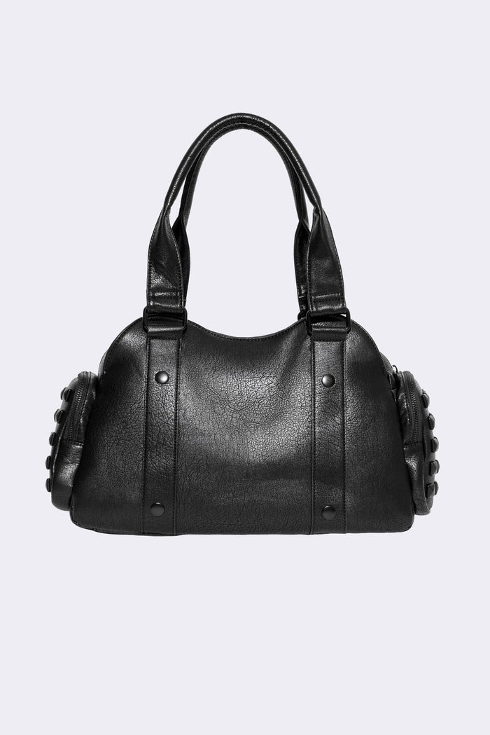 Black faux leather shoulder bag with pyramid studs, front zip pocket, side pockets and two top handles.
