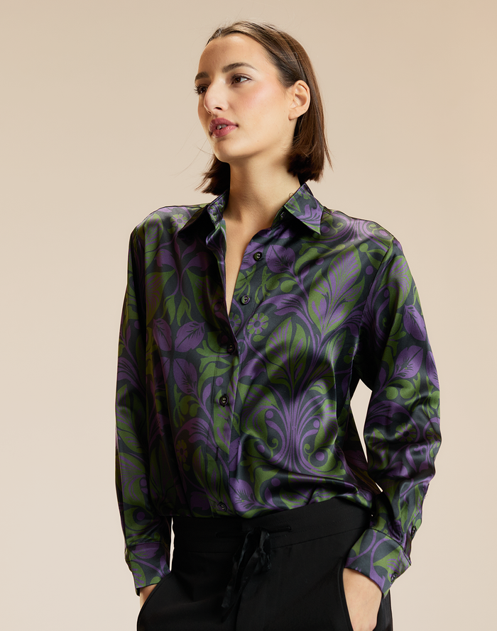 purple and green silk blouse