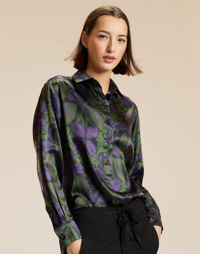 purple and green silk blouse