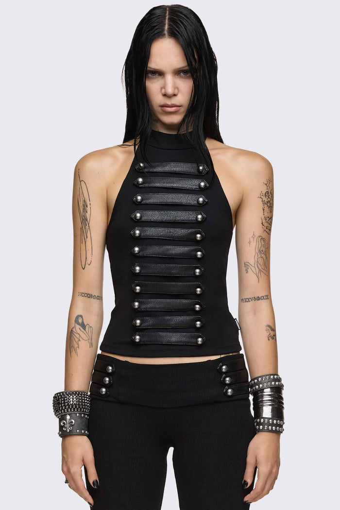 Black halter neck tank top with faux leather front straps, silver dome buttons and slim fit.