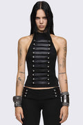 Black halter neck tank top with faux leather front straps, silver dome buttons and slim fit.