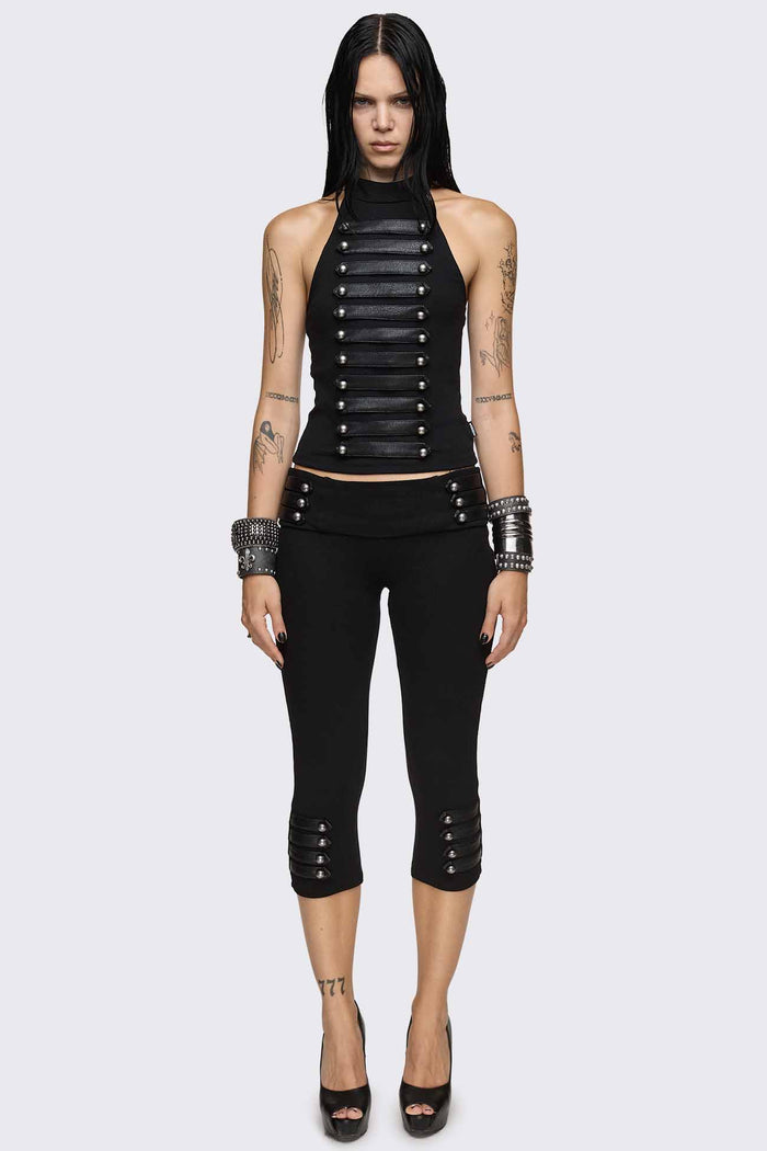 Black halter neck tank top with faux leather front straps, silver dome buttons and slim fit.