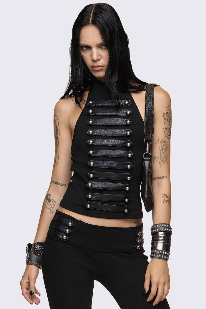 Black halter neck tank top with faux leather front straps, silver dome buttons and slim fit.
