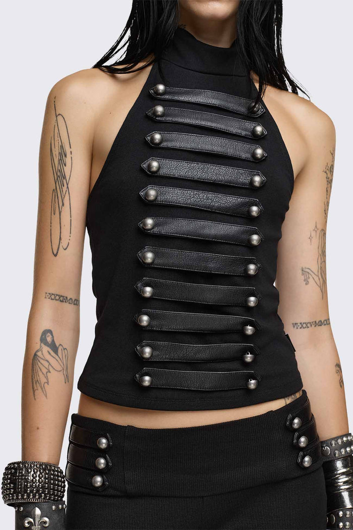Black halter neck tank top with faux leather front straps, silver dome buttons and slim fit.