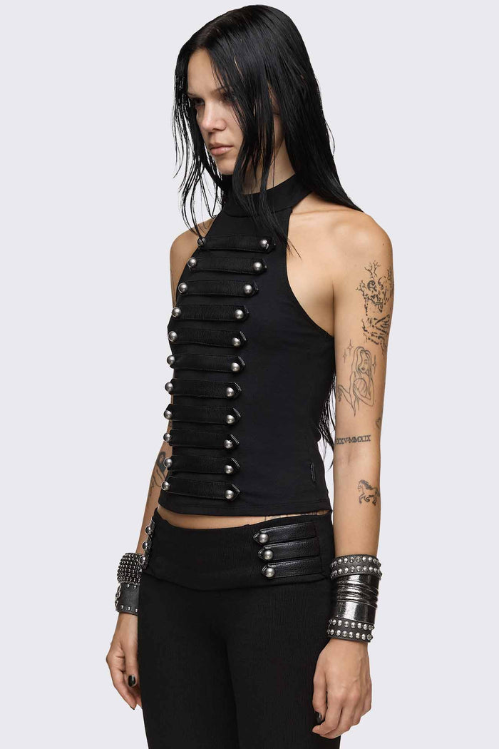 Black halter neck tank top with faux leather front straps, silver dome buttons and slim fit.