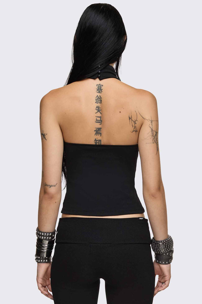 Black halter neck tank top with faux leather front straps, silver dome buttons and slim fit.