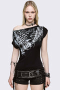 Black off-shoulder top in stretch viscose with checkered scarf print, slim fit and grunge vibe.