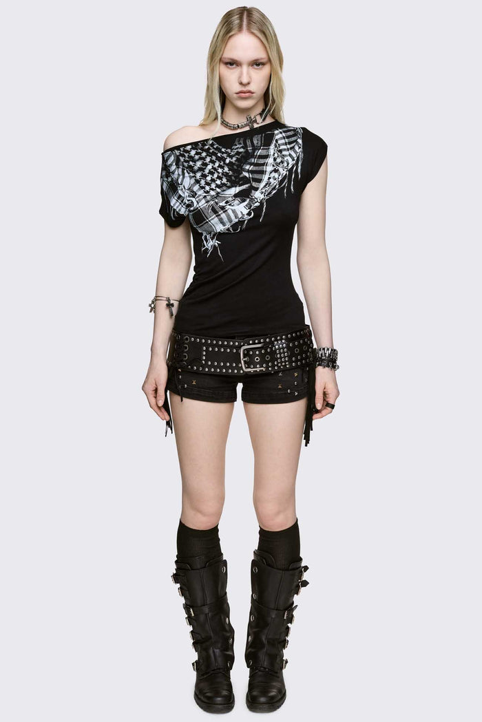 Black off-shoulder top in stretch viscose with checkered scarf print, slim fit and grunge vibe.