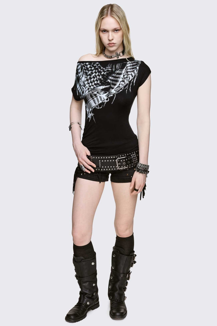 Black off-shoulder top in stretch viscose with checkered scarf print, slim fit and grunge vibe.
