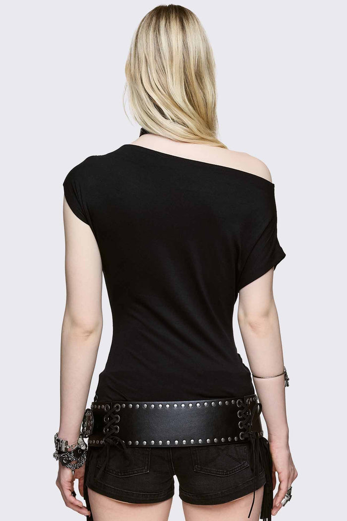 Black off-shoulder top in stretch viscose with checkered scarf print, slim fit and grunge vibe.