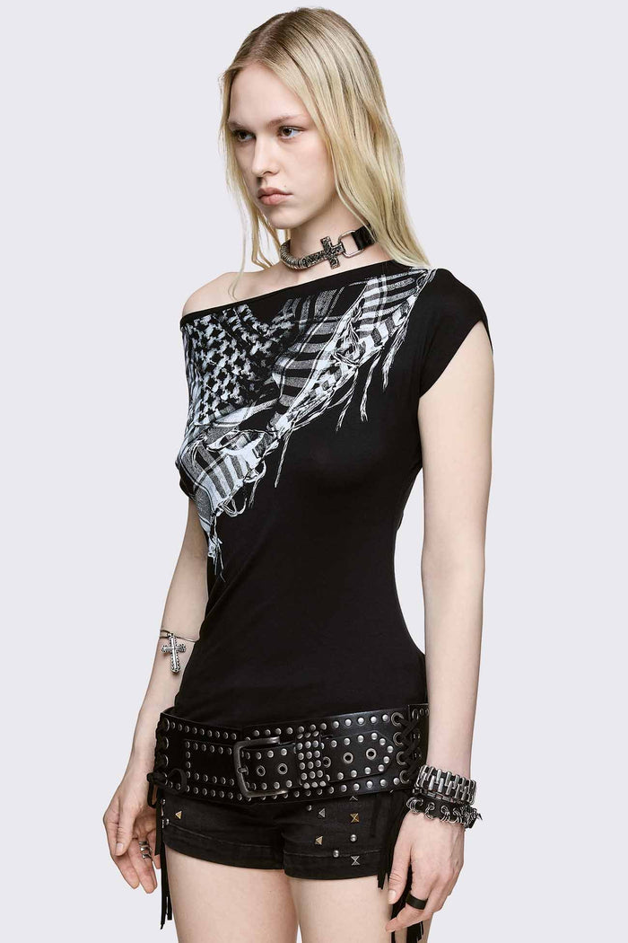 Black off-shoulder top in stretch viscose with checkered scarf print, slim fit and grunge vibe.