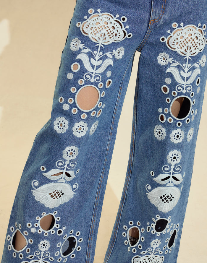 Cynthia Rowley Embroidered Wide-leg Jean
