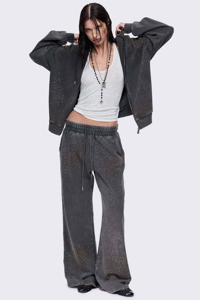 Gleam Mud Wash Rhinestone Zip Up Hoodie