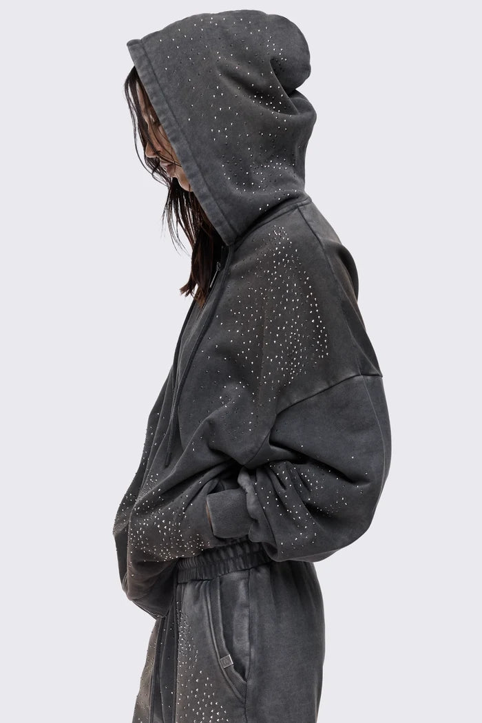 Gleam Mud Wash Rhinestone Zip Up Hoodie