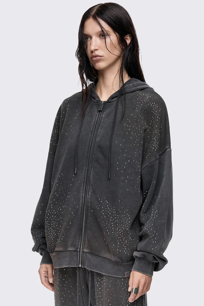 Gleam Mud Wash Rhinestone Zip Up Hoodie