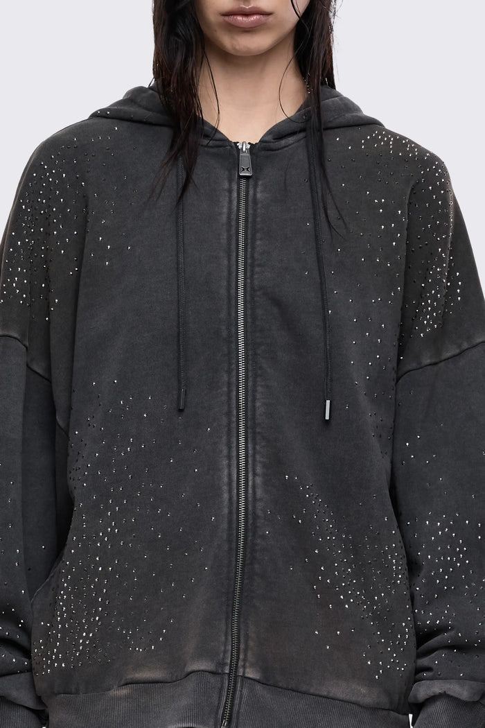 Gleam Mud Wash Rhinestone Zip Up Hoodie