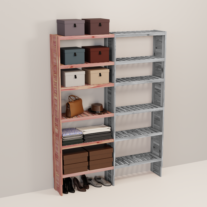 A wooden closet organizer add-on kit with multiple shelves, made from aromatic red cedar, with a natural finish.