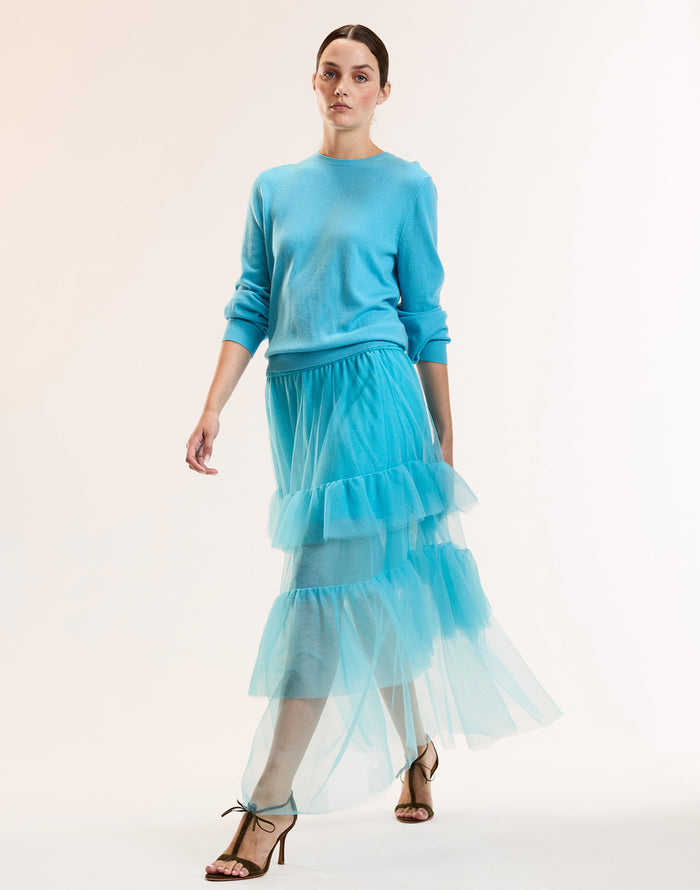 Blue Tulle Midi Skirt