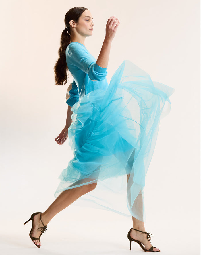 Blue Tulle Midi Skirt