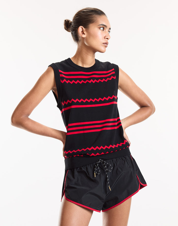 Black Nylon Shorts with Red Trim
