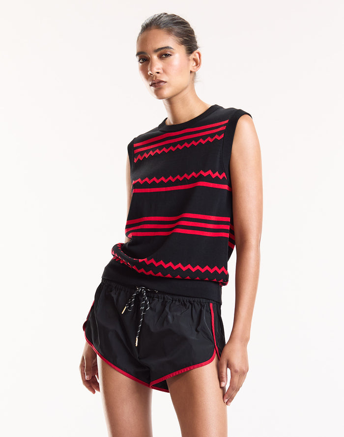 Black Nylon Shorts with Red Trim