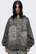 Grey washed zip up hoodie with Relapse graphic print, distressed details and oversized fit on model.