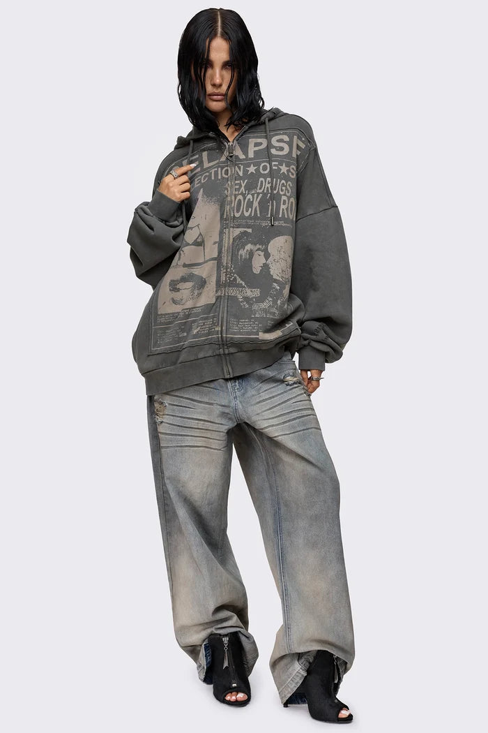 Grey washed zip up hoodie with Relapse graphic print, distressed details and oversized fit on model.