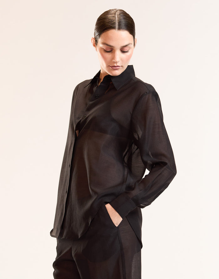 Black Sheer Button Up Top