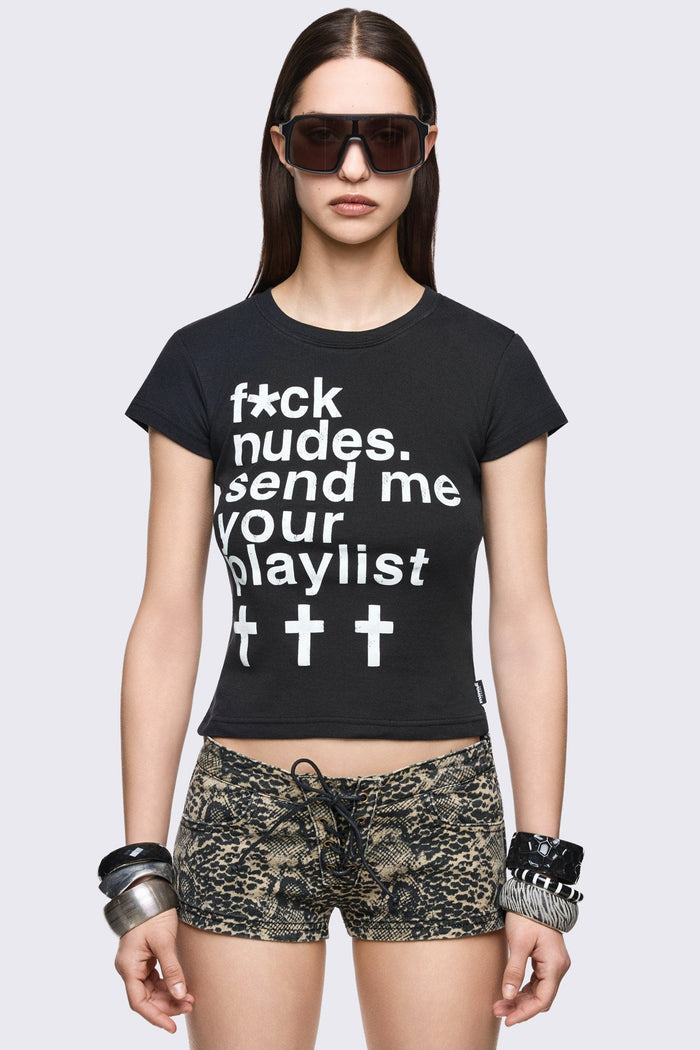 Black cotton baby tee with white slogan graphic print and grunge Y2K vibe.