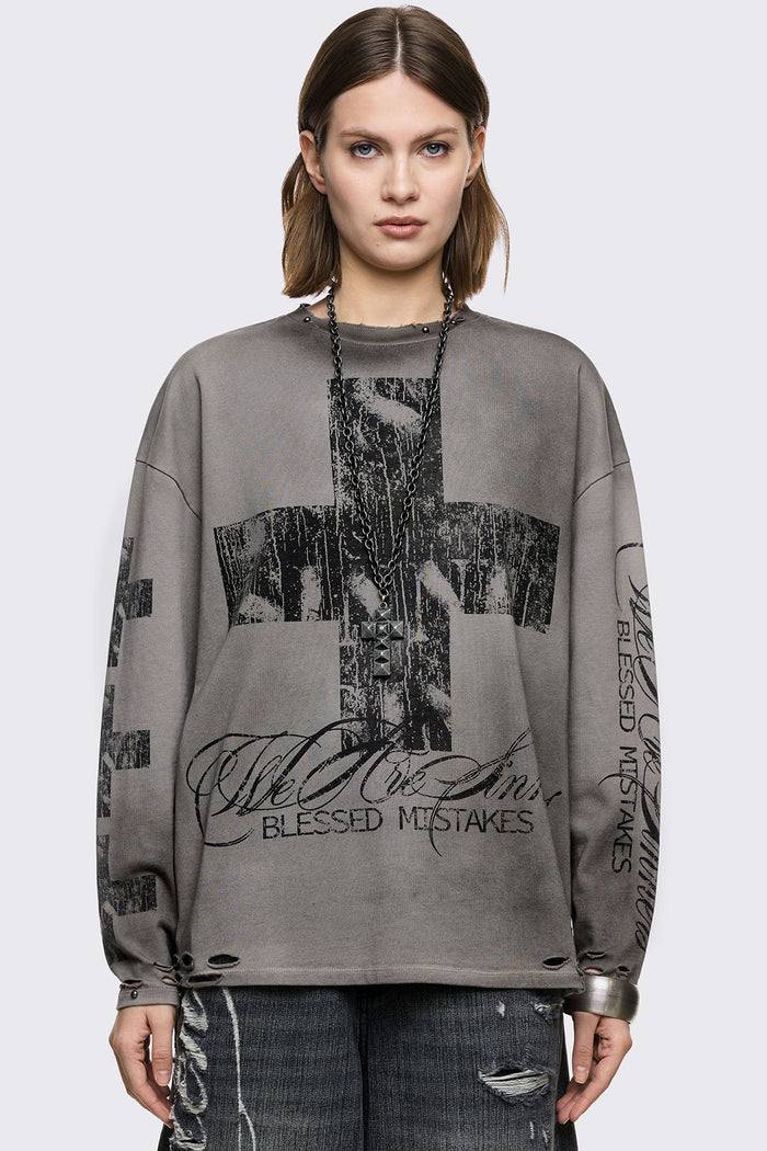 Grey cotton long sleeve T-shirt with cross graphic, studs and distressed hem in a grunge goth style.