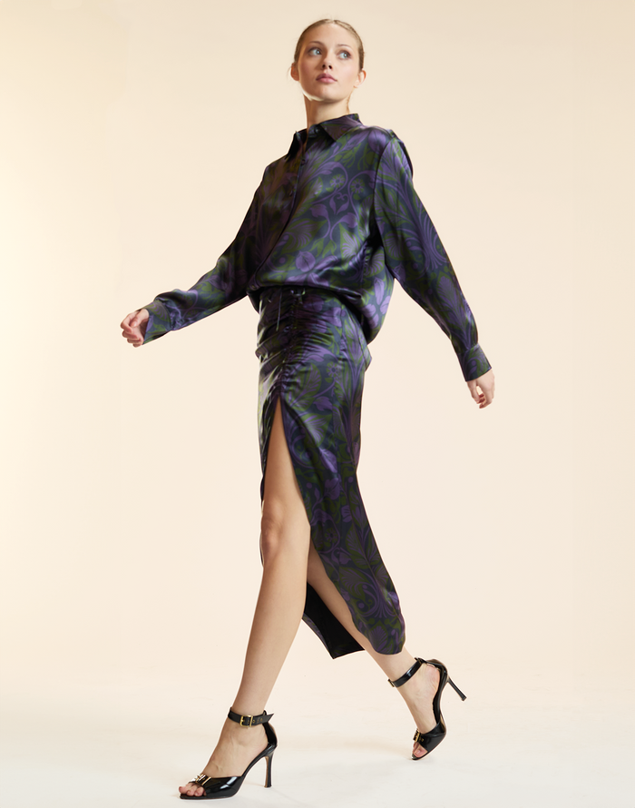 RUCHED SILK MIDI SKIRT in Purple