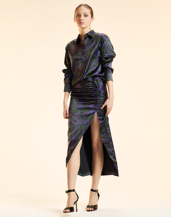 RUCHED SILK MIDI SKIRT in Purple