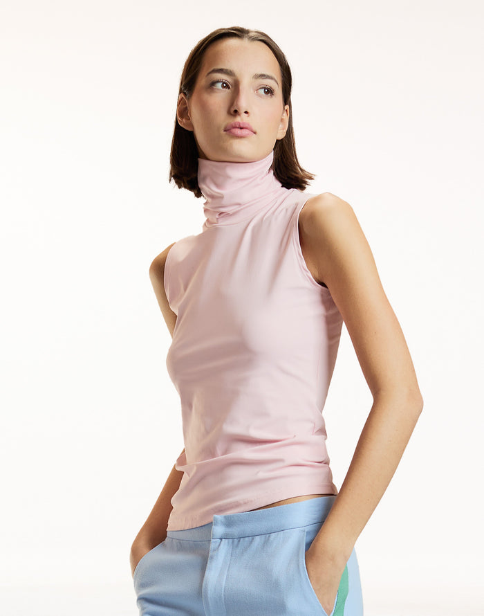 Pink Sleeveless Fitted Turtleneck
