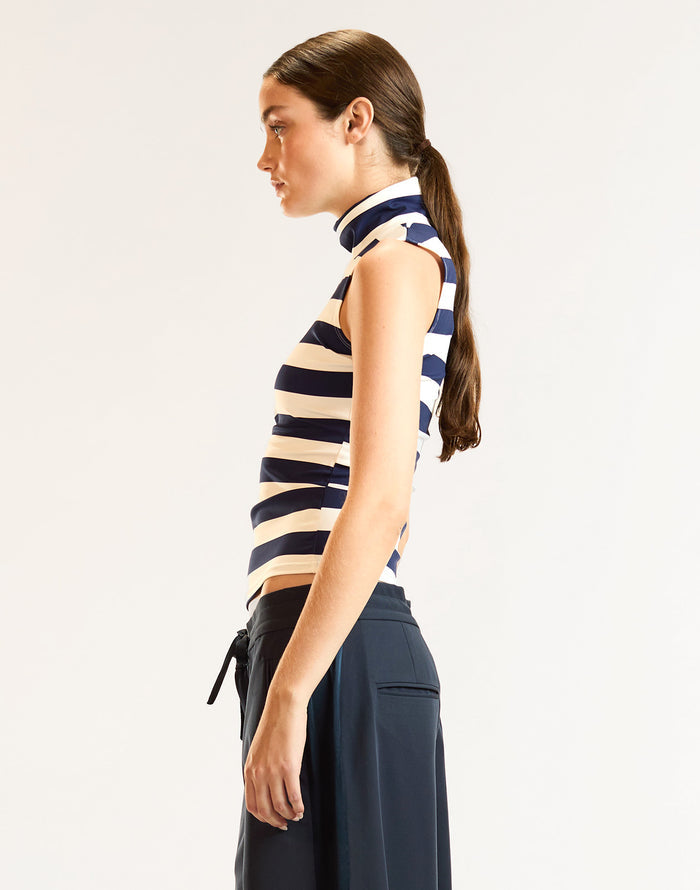 Navy Striped Fitted Sleeveless Turtleneck